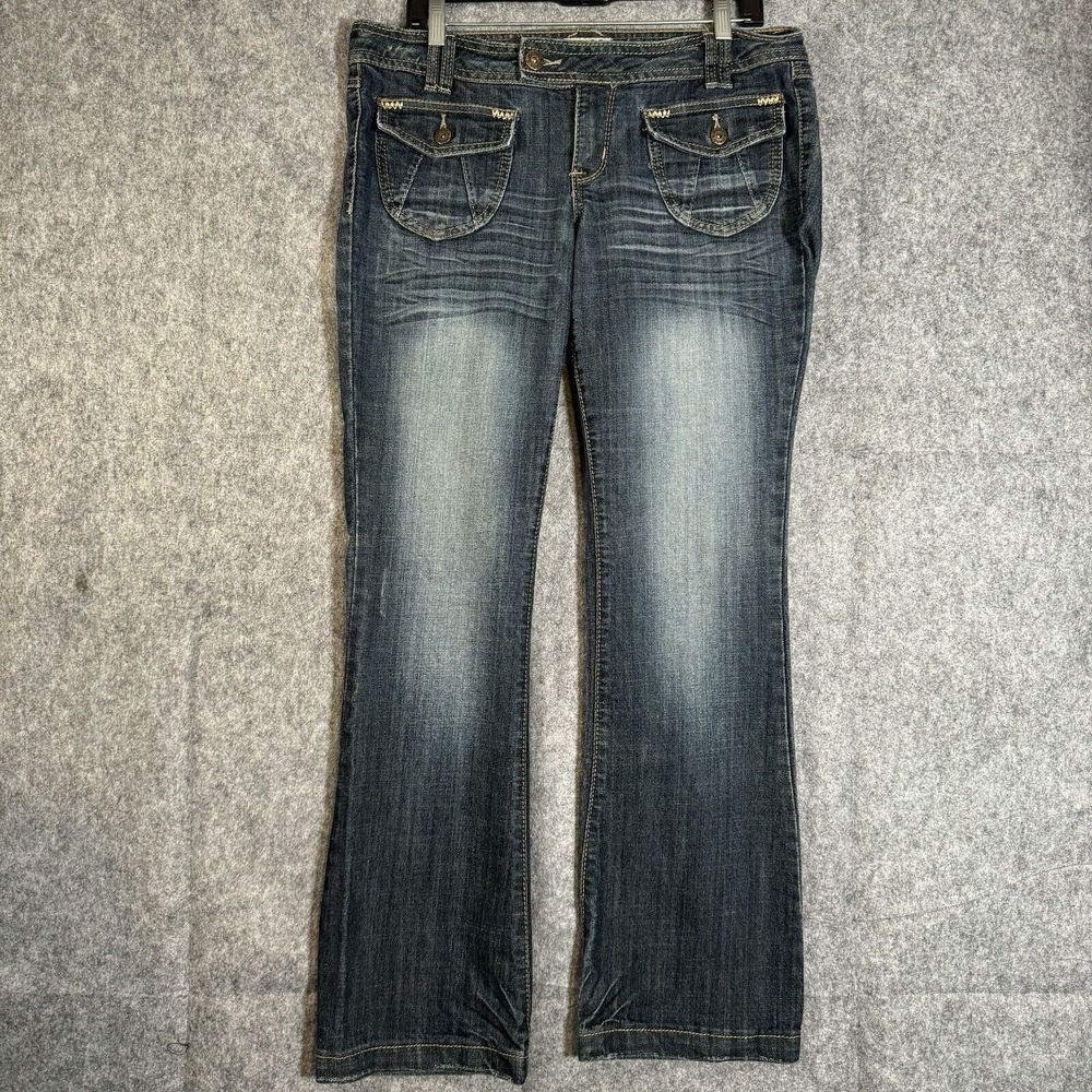 Y2K Mudd Jeans Womens Junior 13 Flare Front Flap Pockets Hippie Country Low Rise